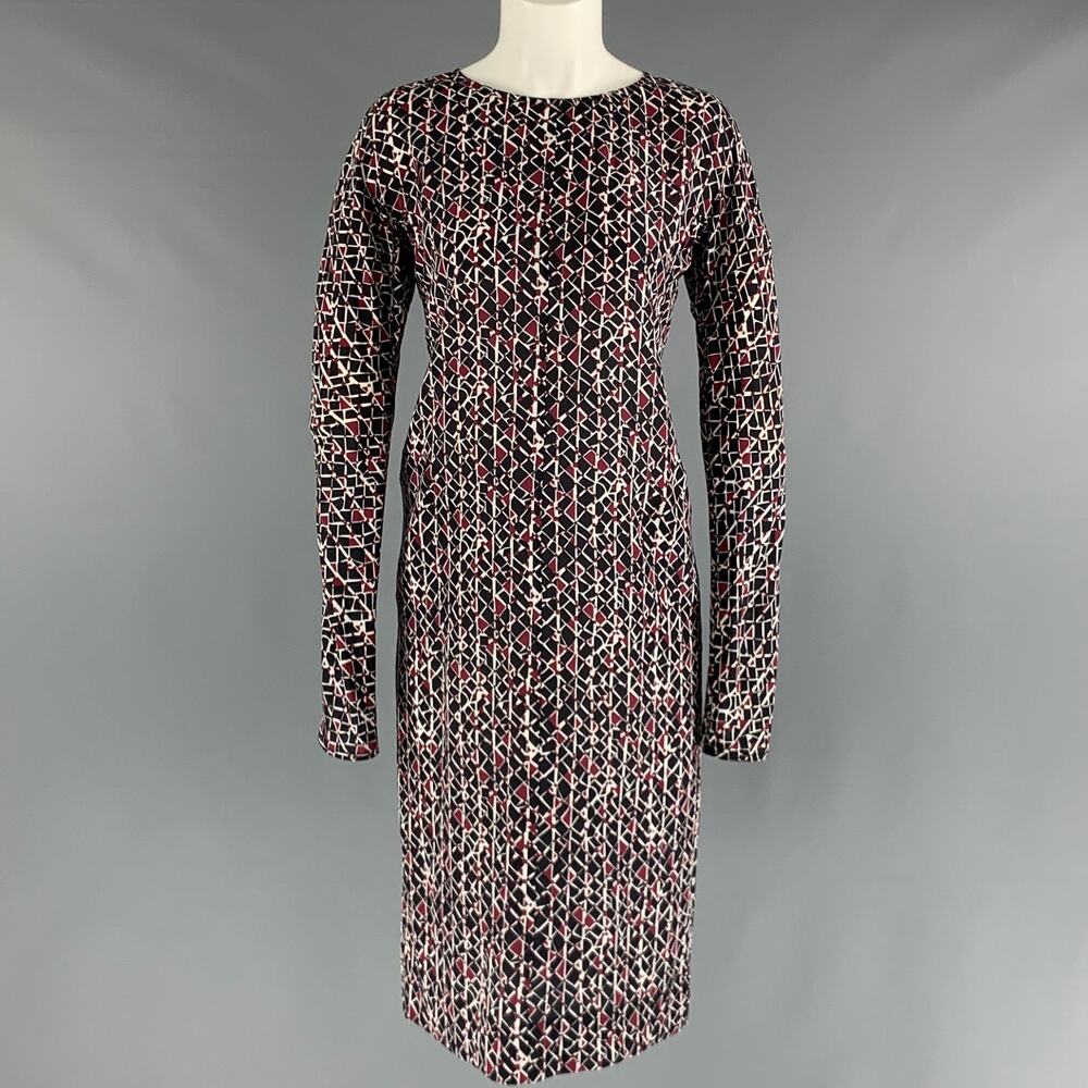 MARNI Size 2 Black Burgundy White Silk Abstract Long Sleeve Dress